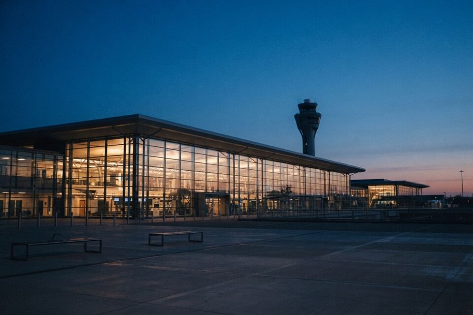 A glass airport terminal glows at blue hour beside a control tower.
