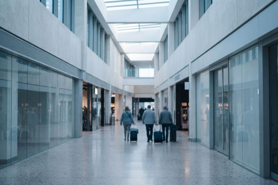 Travellers with wheeled bags walk along a bright airside shopping concourse.
